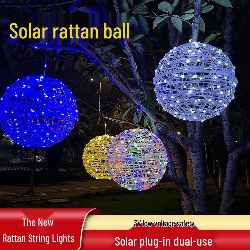 Waterproof Solar Rattan Ball String Lights for Outdoor Trees and Courtyard Decoration