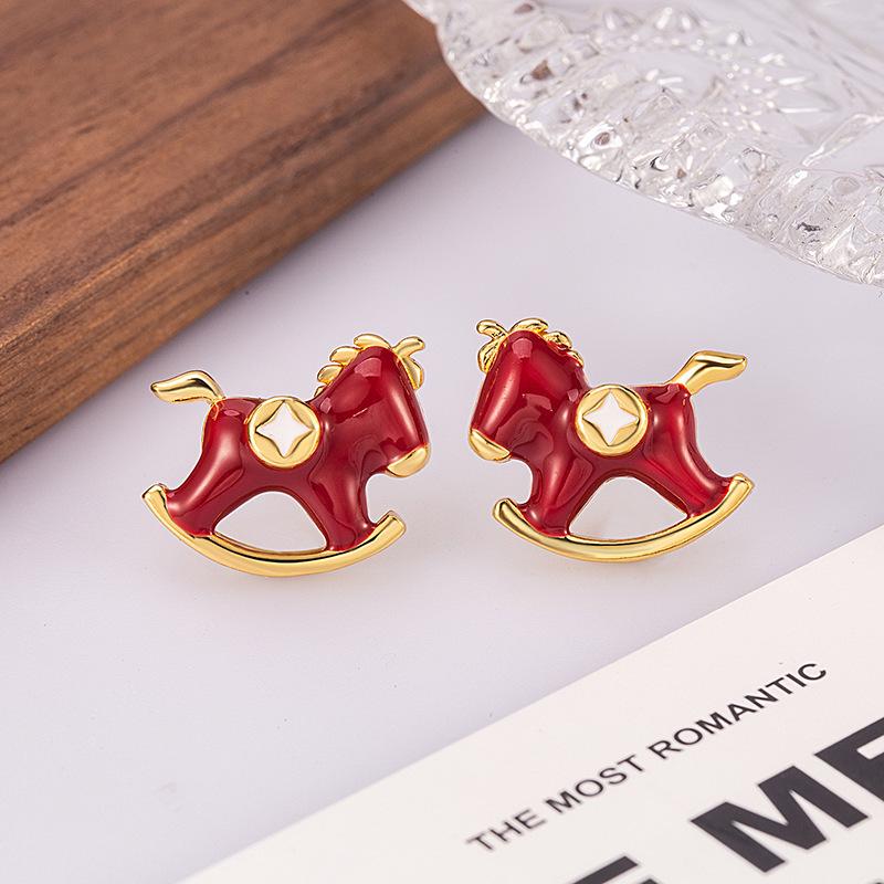 Exquisite Year of the Horse Red Glaze Rocking Horse Stud Earrings for Women – Unique, High-End Ear Jewelry
