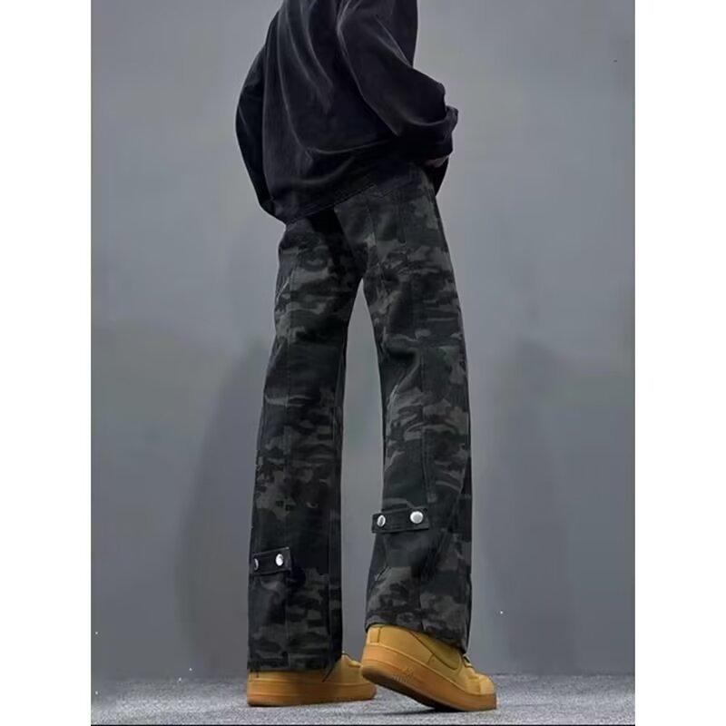 Vintage High Street Camouflage Tooling Jeans Men's Autumn and Winter Velvet American Splicing Design Sense Loose Straight Long Pants