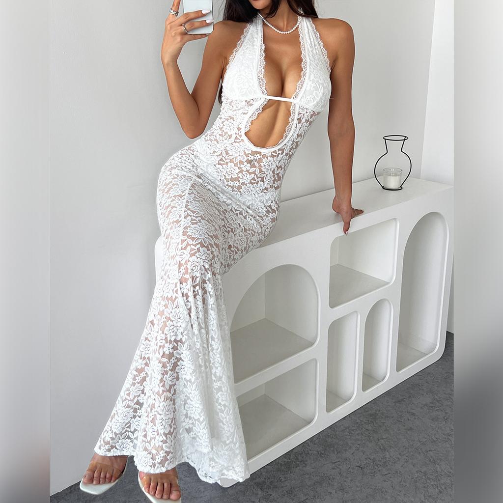 Women's Sexy Solid Color Halter Neck Hollow Out Sheer Lace Slim Fit Mermaid Maxi Evening Party Dress