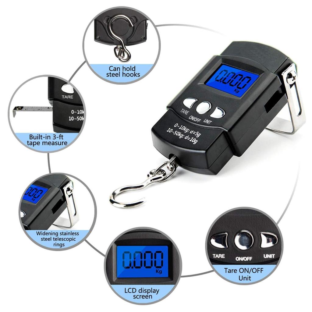 Electronic Scale Backlit LCD Display 110lb/50kg with Measuring Tape Balance Digital Fishing Hanging Hook Scale Tool