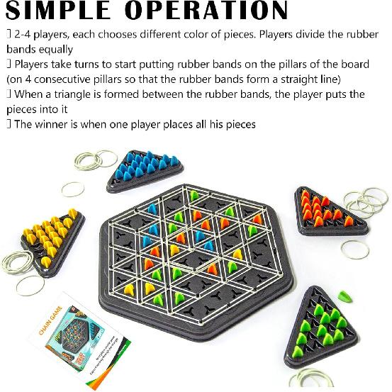 Chain Triangle Chess Game, Rubber Band Geoboard Game, Strategy Board Games, Family Night Games for Kids and Adults, 2 To 4 Players