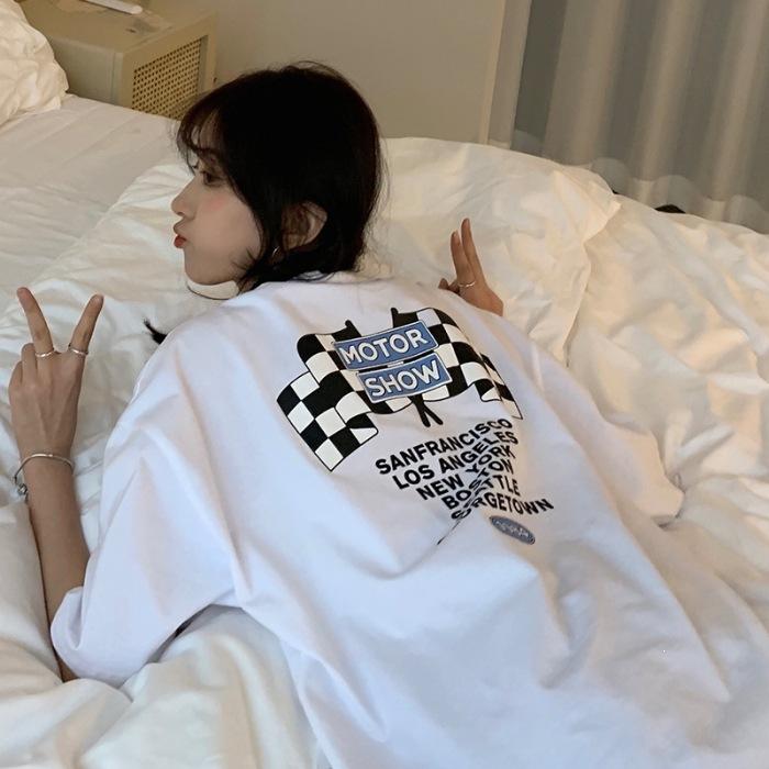 

Pure cotton new American retro car printing loose T-shirt women s short-sleeved casual versatile top S белый