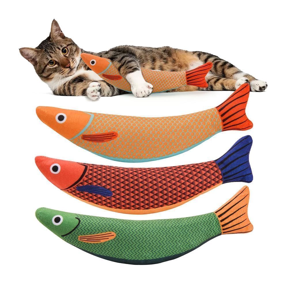 

3-Piece Cat Plush Toy Set with Solitaire Play, Cat Pillow, Brushing Stick, Dog, and Mint Cat, Realistic and Cute Fish Shape, Natural, Safe, and