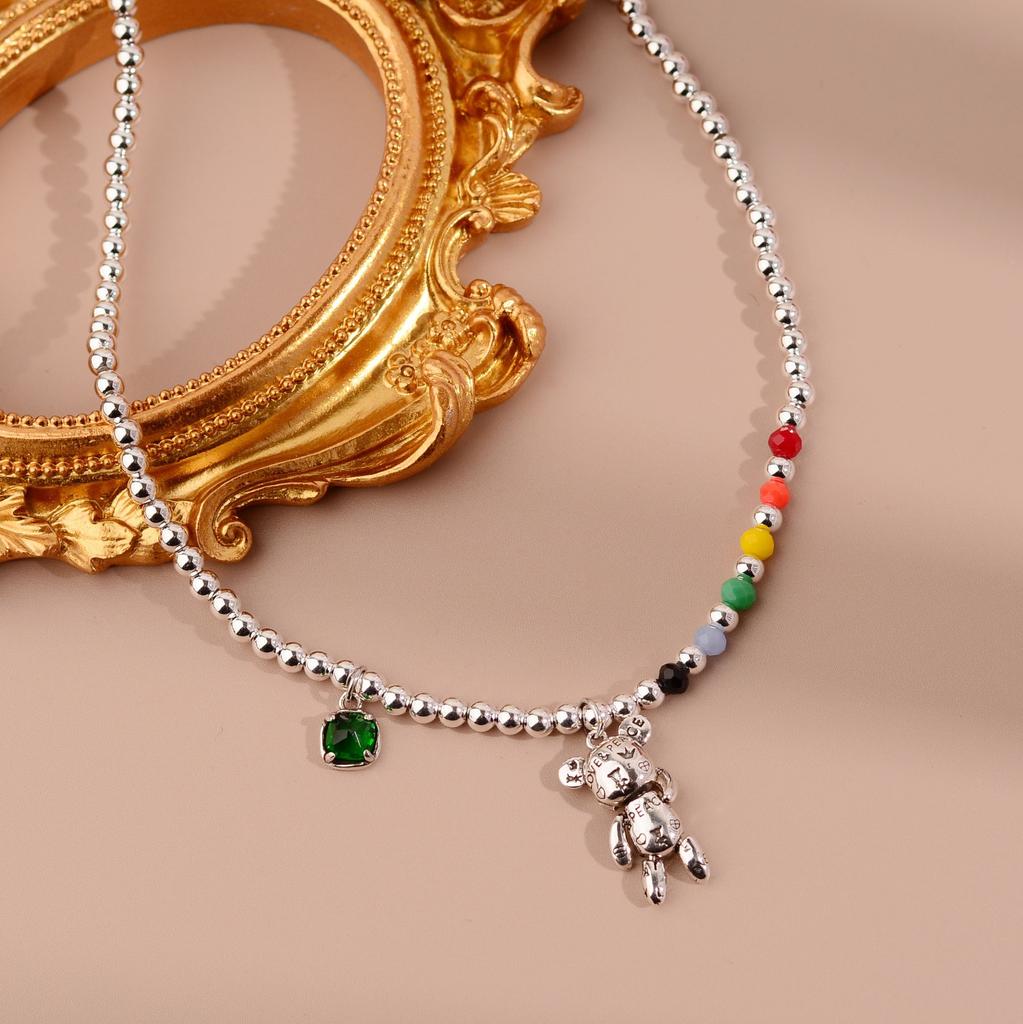 Rainbow Round Beads Bear Necklace Women'S Niche Versatile Emerald Design Light Luxury Trend Jewelry