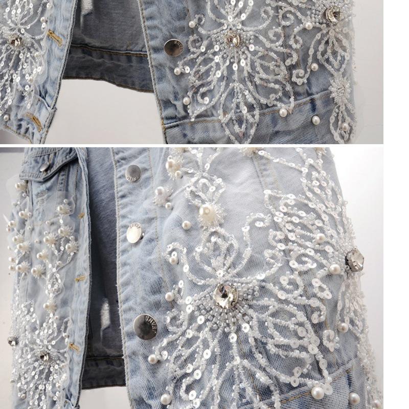 2025 Spring/Summer Women's Distressed Denim Vest with Heavy Beaded Floral Design