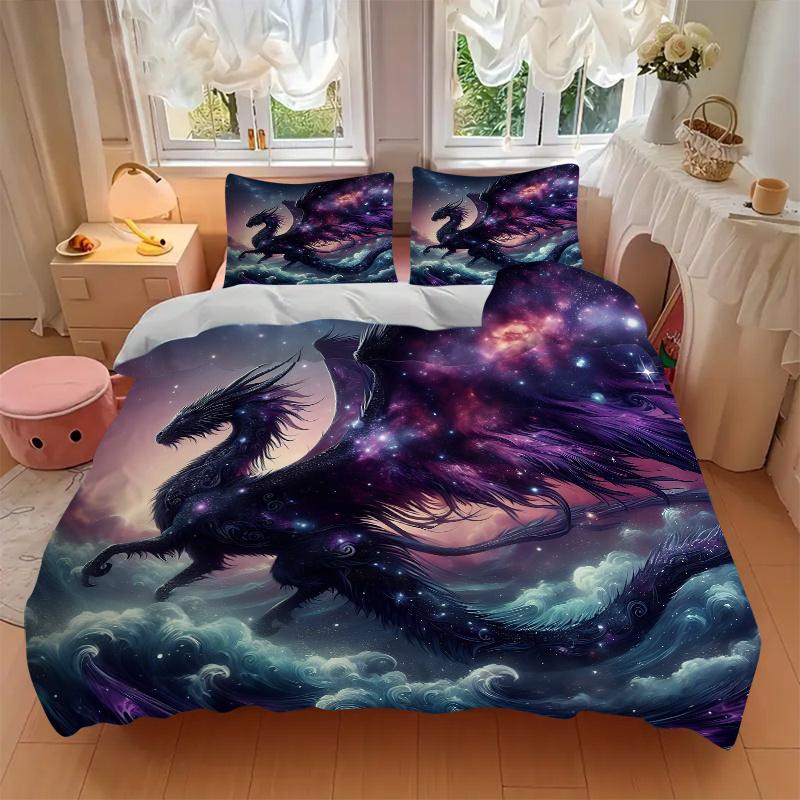 3pcs Cosmic Dragon Soaring Through Celestial Waves Printed Bedding Set, Soft and Comfortable Quilt Cover for Bedroom, Guest Room (1 Duvet Co