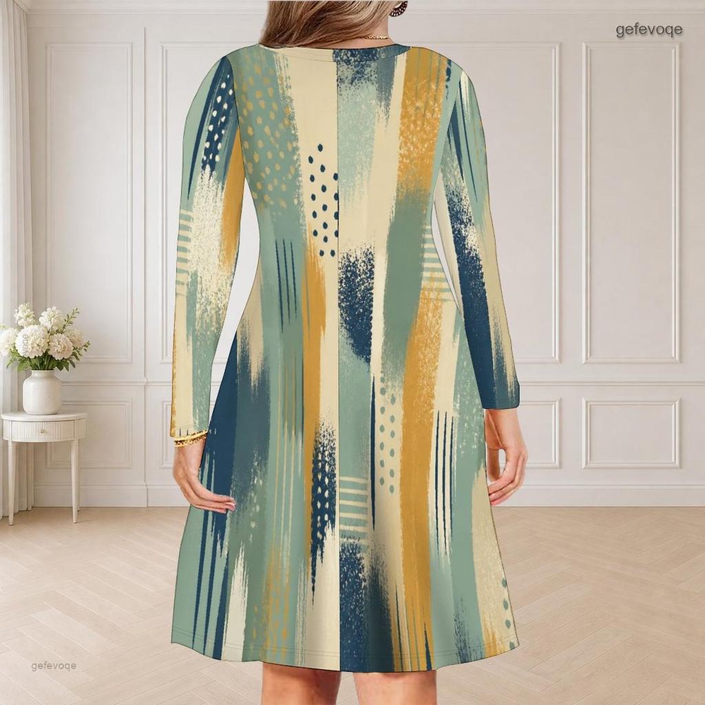 Women Plus Size V Neck Long Sleeve Blue Black Printed Curved Hem Dress