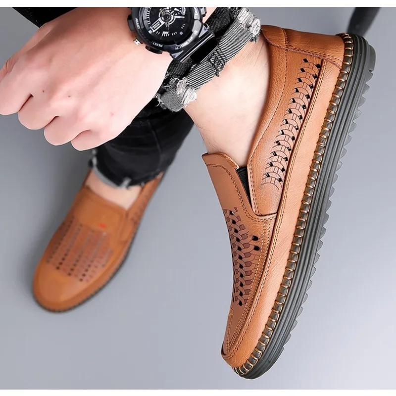 Fashion Summer Fashion Platform Hollow Men's Loafers Designer New Soft Sole Leather Beef Tendon Sole Casual Men Sandals Shoes