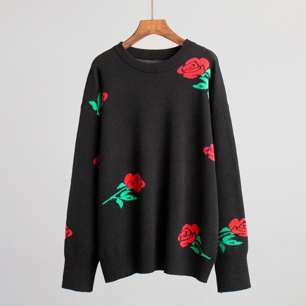 Autumn Winter Rose Print Sweater Women's Round Neck Loose Pullover Versatile Daily Comfortable Knitted Undercoat Top