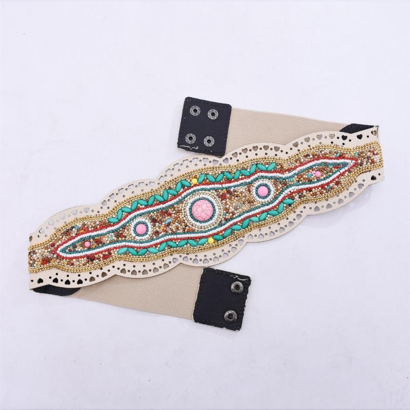 Bohemian Stretch Waist Belt Waistband with Ethnic Beads Accent Adjustable Wide Cinching Band for Dresses and Skirts