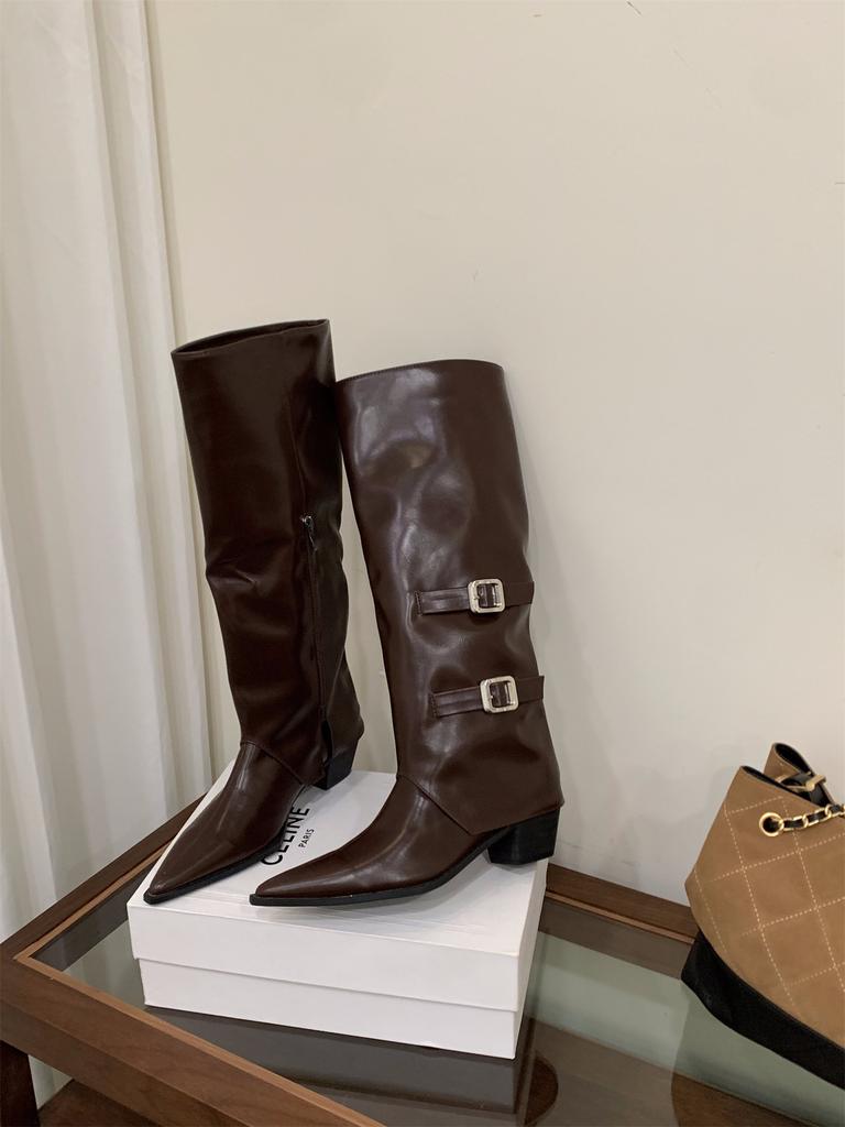 High Heel Pointed Brown Pants Boots Women's Boots 2025 Autumn and Winter White Skinny Boots Medium Knight Boots