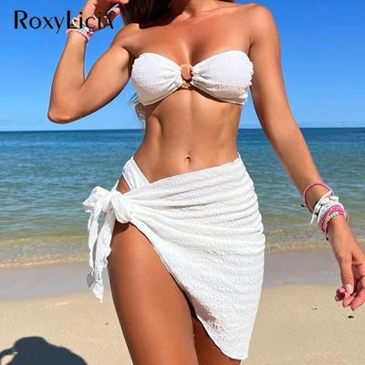 Mit Sarong Bandeau Trägerloser Faltiger Bikini Damen Bademode Weiblicher Badeanzug Dreiteiliges Bikini-Set Badender Badeanzug
