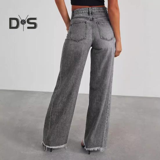 Pantalones vaqueros elásticos de cintura alta para mujer, pantalones vaqueros de pierna ancha, casuales, de pierna recta, con dobladillo deshilachado y bolsillos