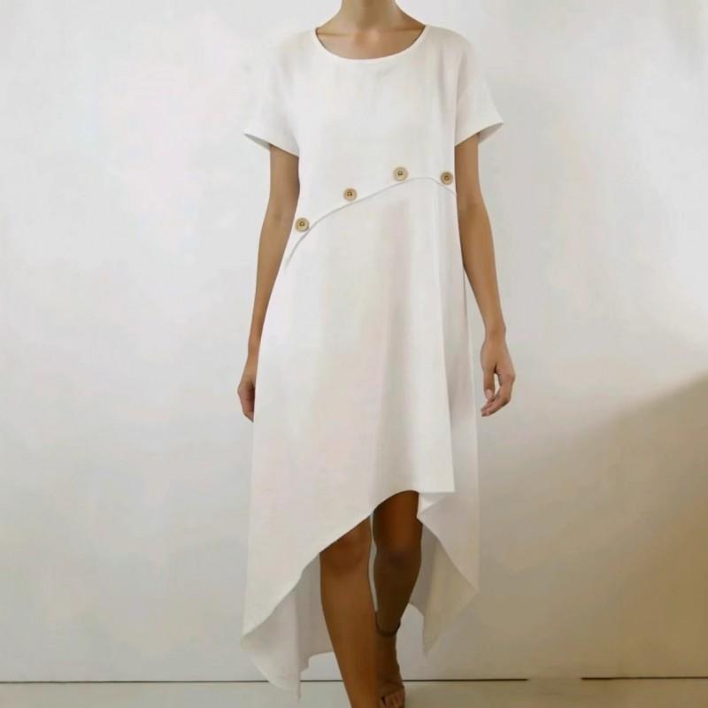 

European American Women s Comfortable Stitching Button Decoration Solid Color Dress 4XL білий