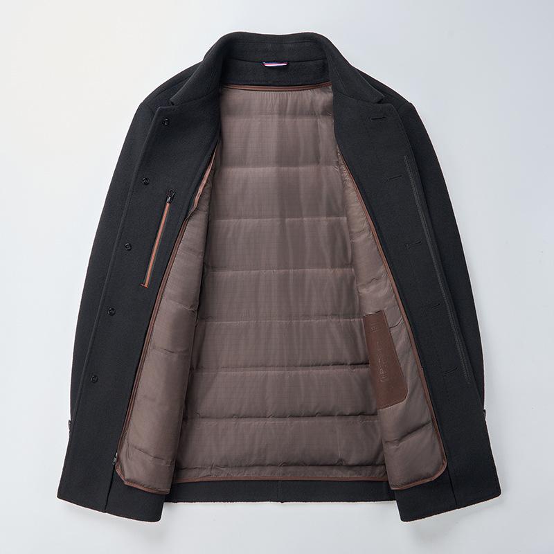 Men's Mid-length Double-faced Cashmere Coat with Down Inner Layer - Dad Style Woolen Outerwear