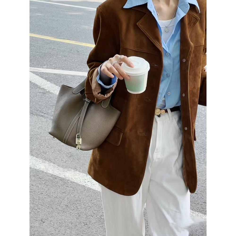 Old Qianfeng High-End Handgefertigt Halbgewachstes Garn Gemüsekorb Eimerbeutel Echtleder TC18 Tragbare Eimertasche Leichte Luxus Damenhandtasche