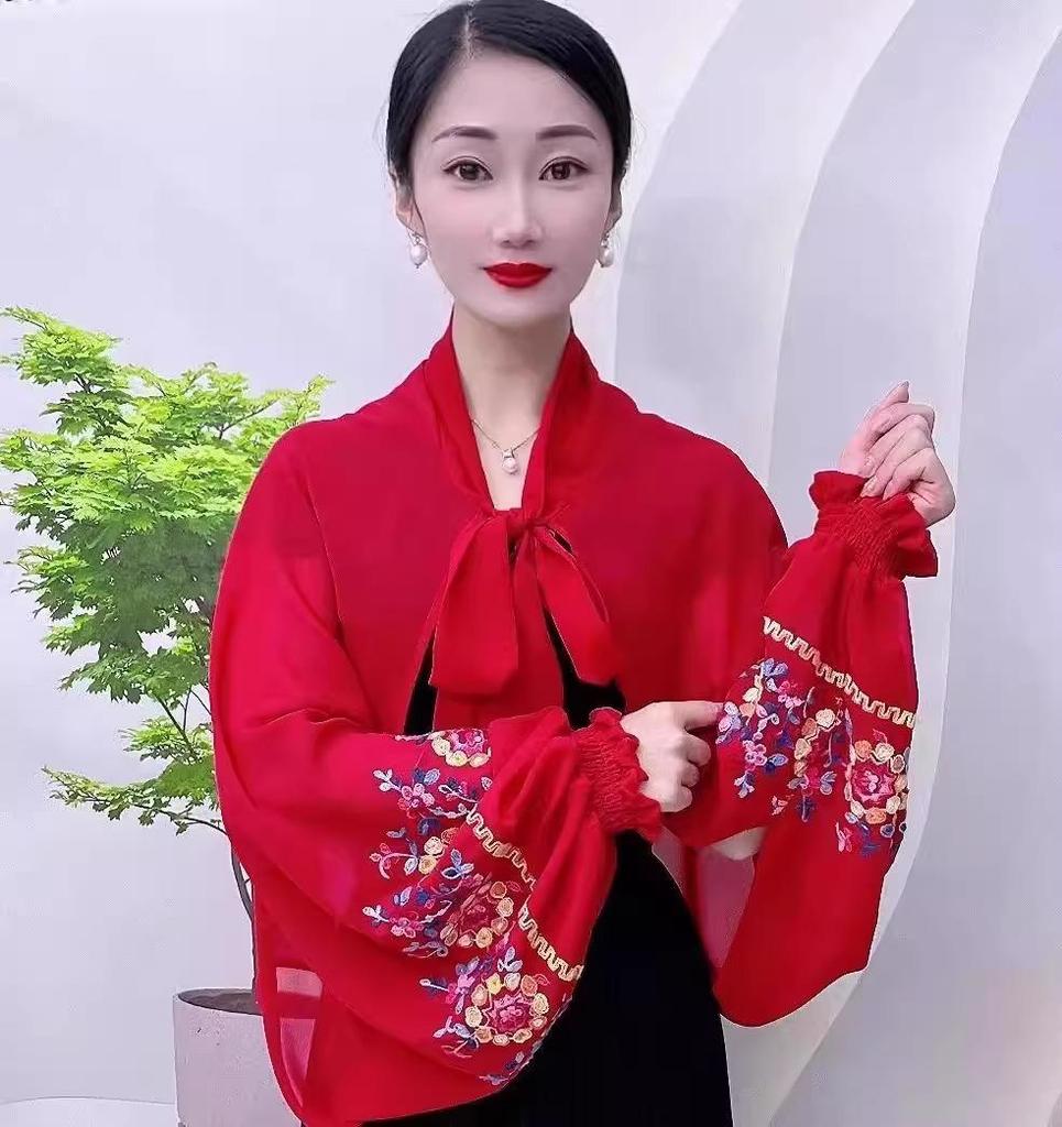 2025 Summer Fashion Embroidered Ice Silk Chiffon Long Sleeve Sun Protection Shawl for Driving and Air-Conditioned Rooms