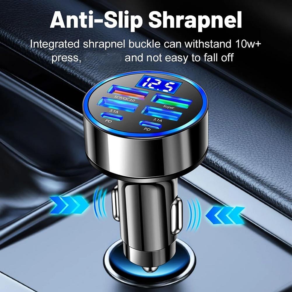 NEW 6Port PD Car Charger QC3.0 Fast Charge Car Cigarette Lighter Plug Car Charger Flash Charge with Digital Display 4USB+2PD