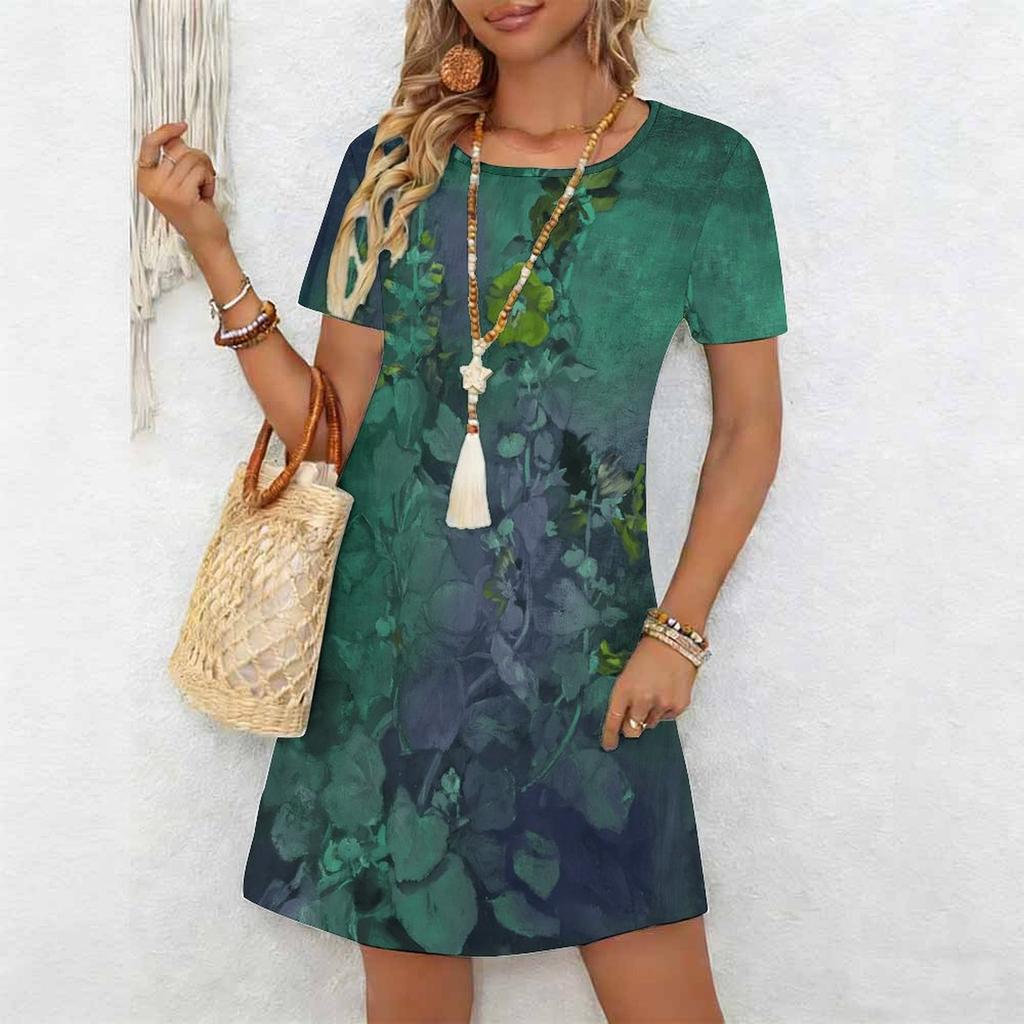 Moda Donna Grazioso Bellissimo Stampa Fiori e Erba Estate Primavera Manica Corta Girocollo Abiti Casual