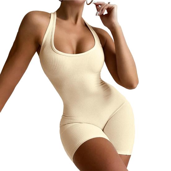 Tuta da Yoga Senza Maniche Scollo a U Schiena a Croce Costinata Monocolore Alta Elasticità Bodycon Tuta Attività Streetwear