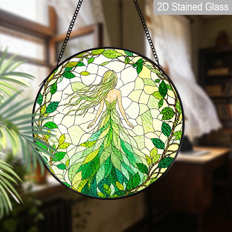 2D Flat Stained Glass Green Genie Window Decoration, 6.3/7.87inches Colored Glass Plate with Chain, Charming Indoor/Outdoor Spring Summer Sun Catcher