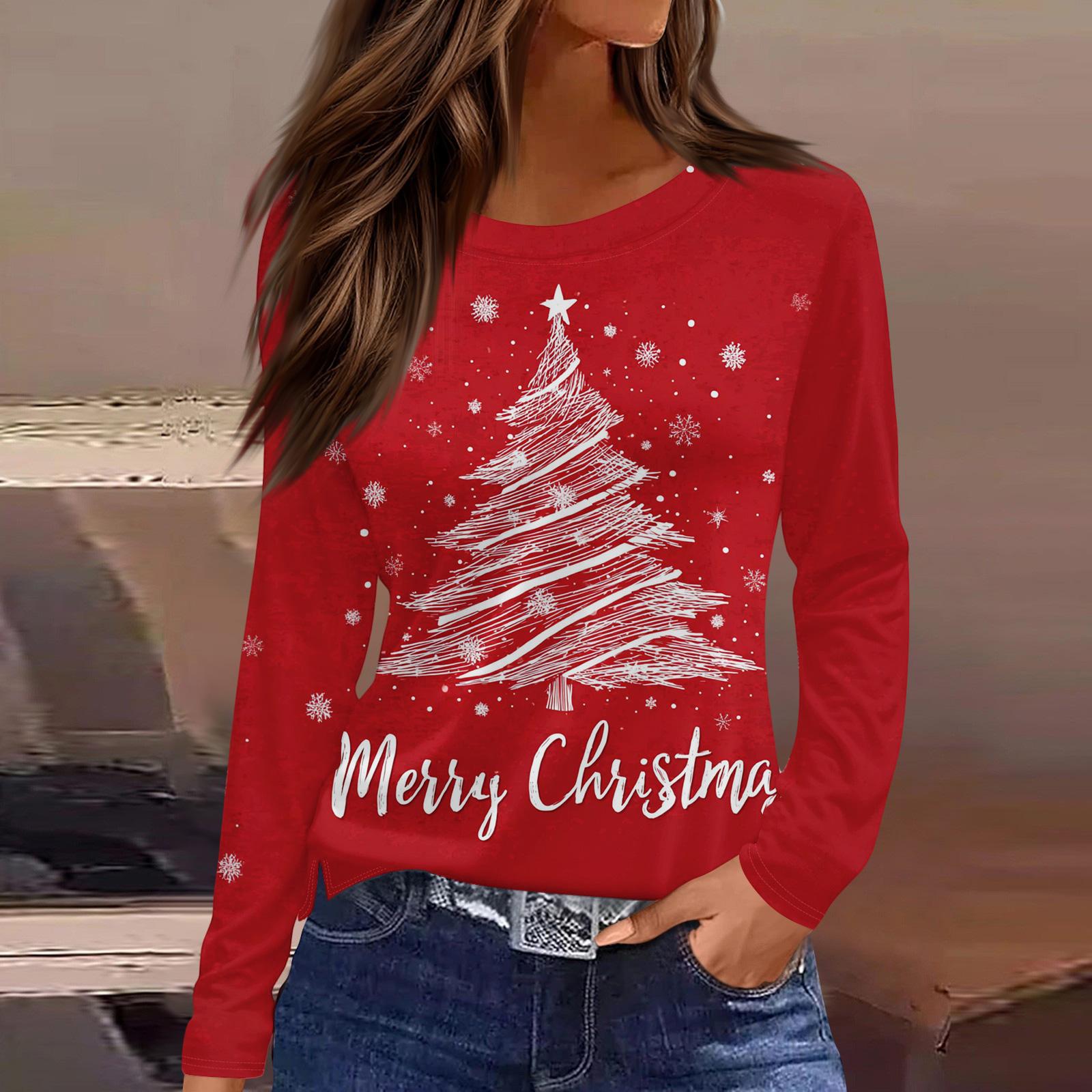 

Женская модная повседневная футболка с разрезом по низу, круглым вырезом, длинными рукавами, свободного кроя, с рождественским принтом, женский топ L красный
