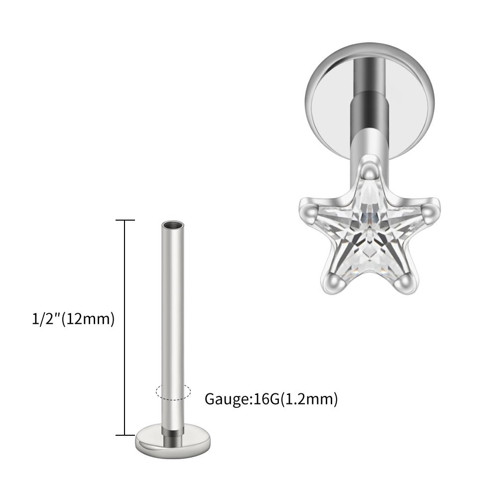 Right Grand ASTM F136 Titanium Star CZ Cartilage Earring 16G Dainty Star Flat Back Stud Tragus Conch Helix Nose Labret Piercing