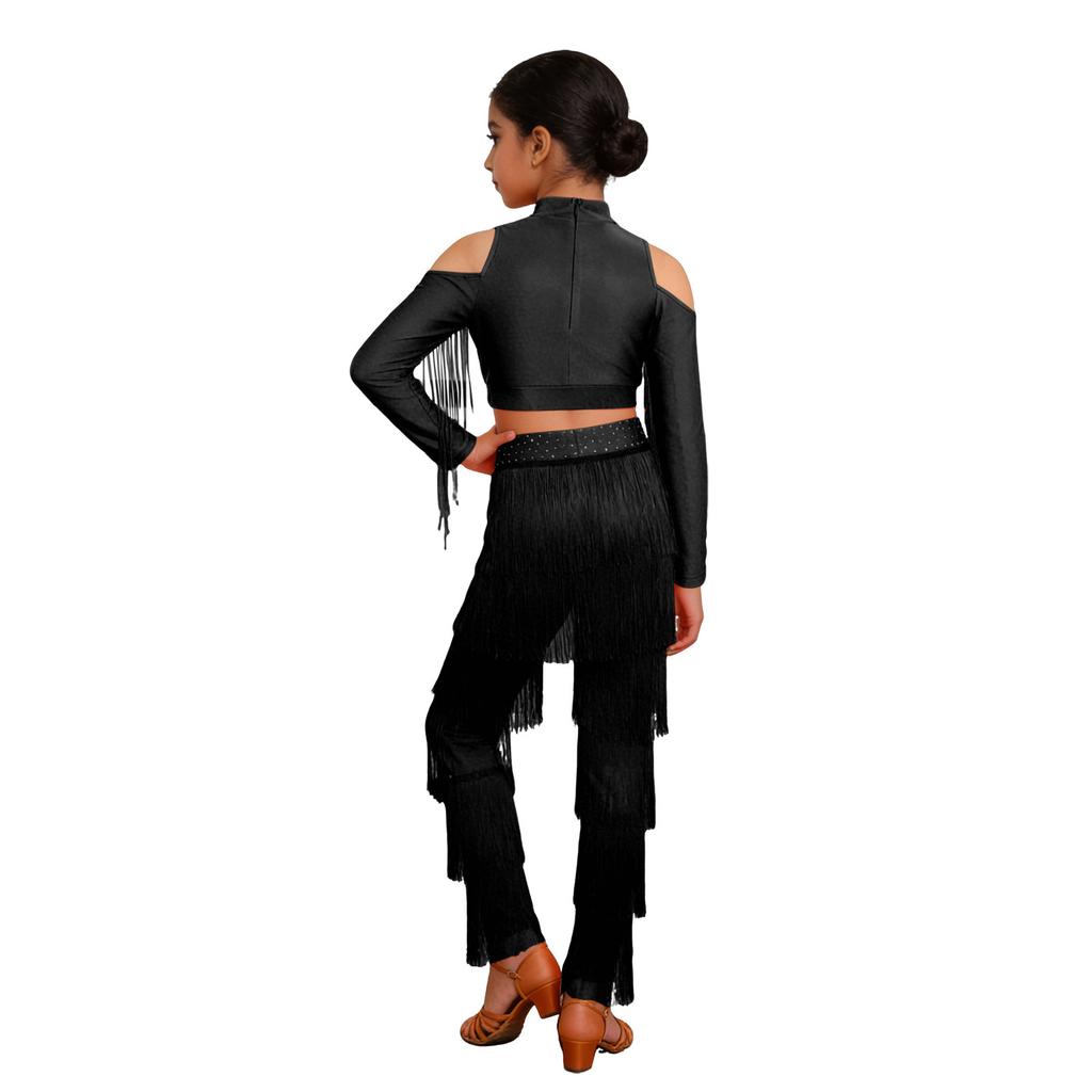 Set de pantaloni cu franjuri pe straturi pentru fete Talie elastică Crop top cu strasuri strălucitoare Ținută Latină