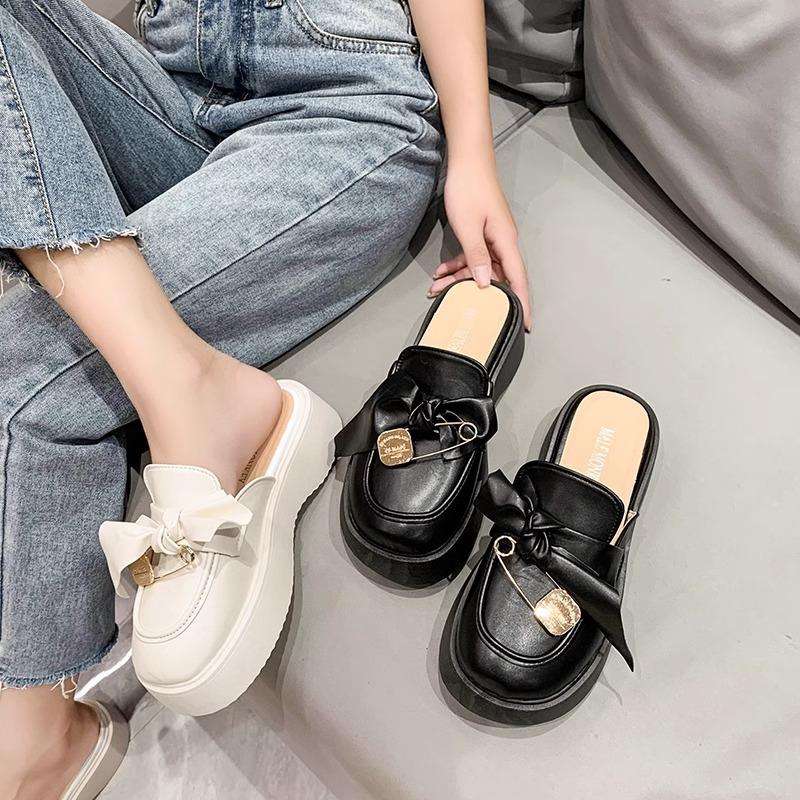 Thick-soled bag head half-drag girl 2025 spring and autumn new Internet celebrity single shoes Korean version bow retro medium heel cool slippers