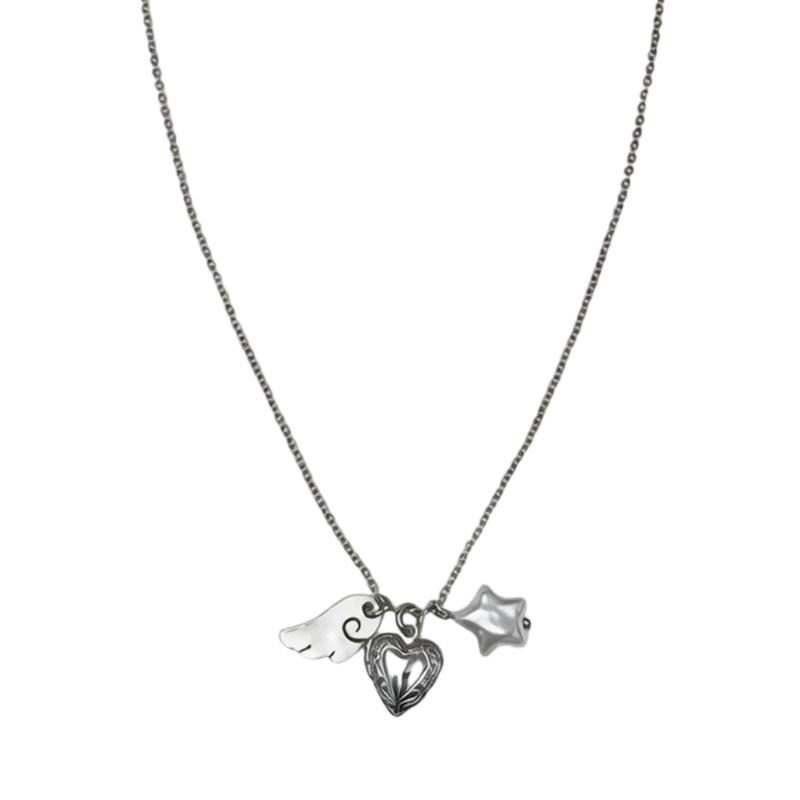 Heart Star Angel Wing Pendant Necklace, 50cm Alloy Collarbone Chain Jewelry for Daily Wear, Streetwear Styling, Birthday Holiday Gift