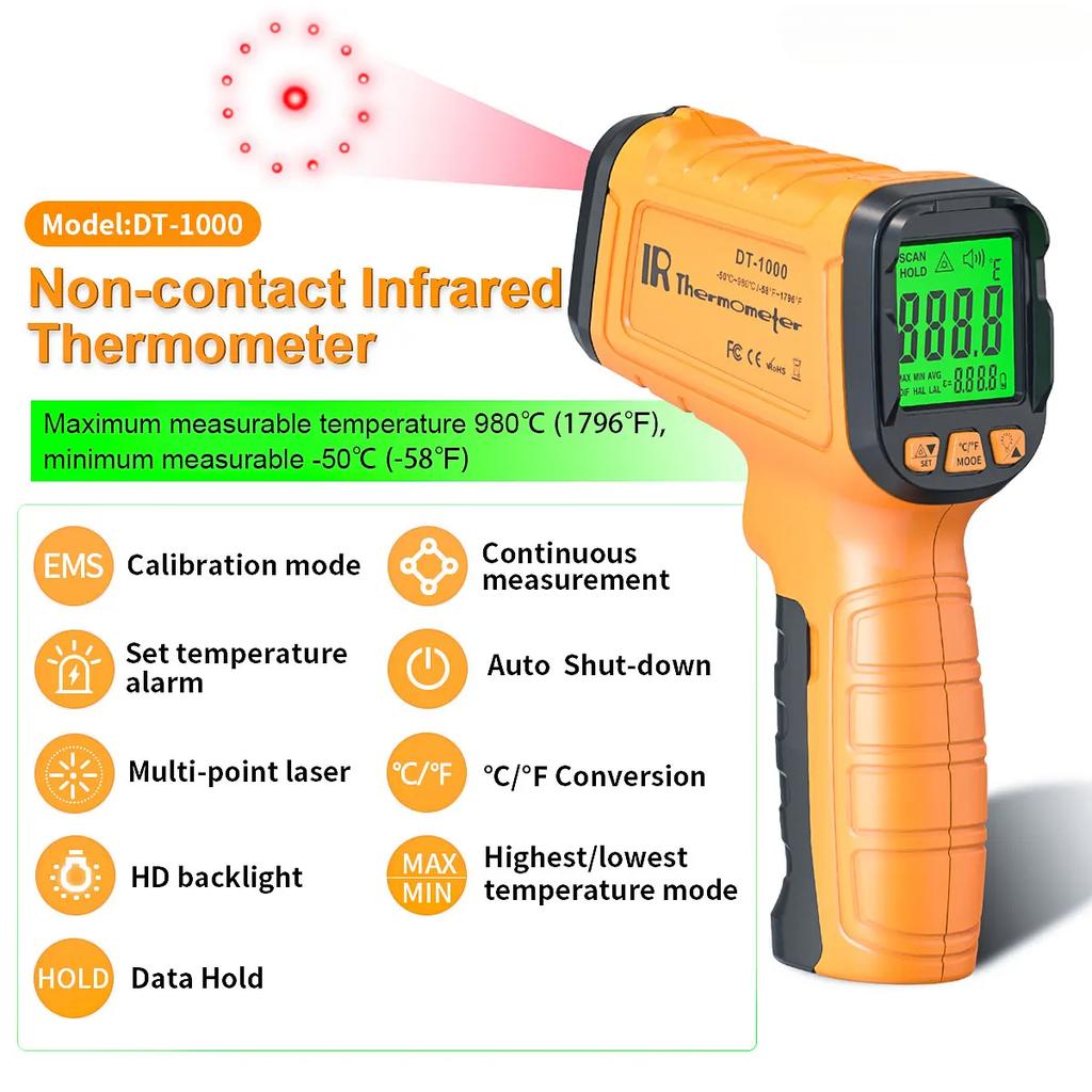 DT1000 DT1600 Infrared Thermometer Professional 13 Laser Points Non Contact Digital Pyrometer IR Temperature Gun High Temp Alarm