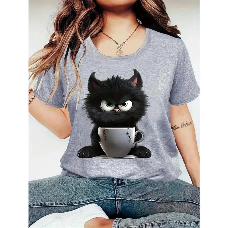 Cat Black Pattern Women's T-shirt Fun Animal 3D Printed T-shirt