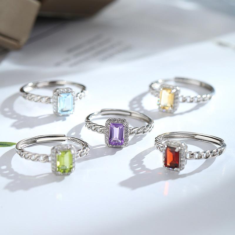 S925 Silver Square Crystal Open Ring, Multiple Colors, Adjustable Dainty Band, Korean Style Daily Jewelry Gift for Women