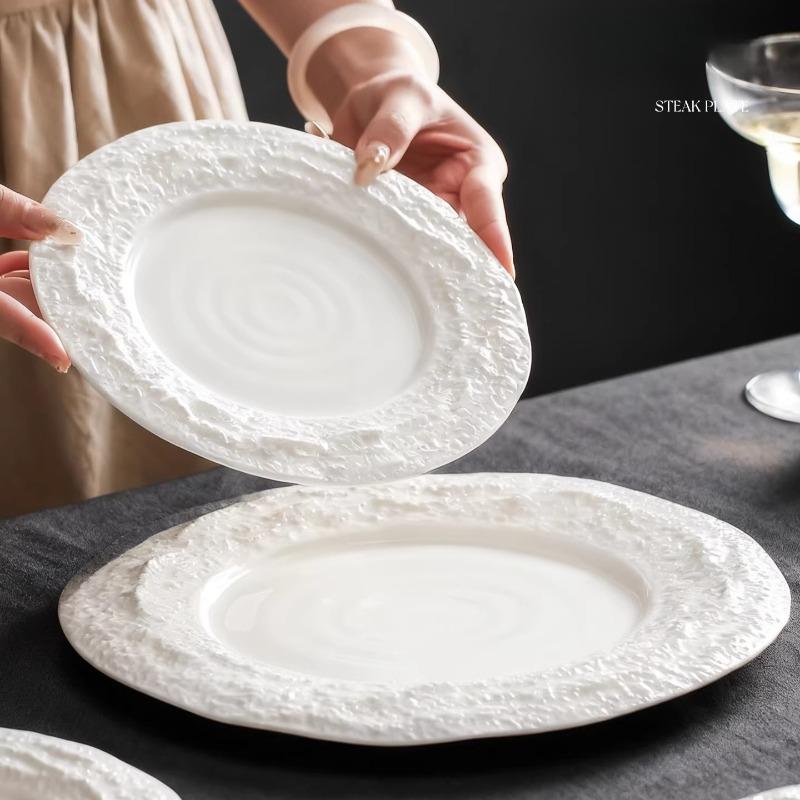 European-style White Porcelain Lace Embossed Steak Plate Hotel Round Ceramic Dinner Plate Restaurant Tableware Salad Pasta Plate
