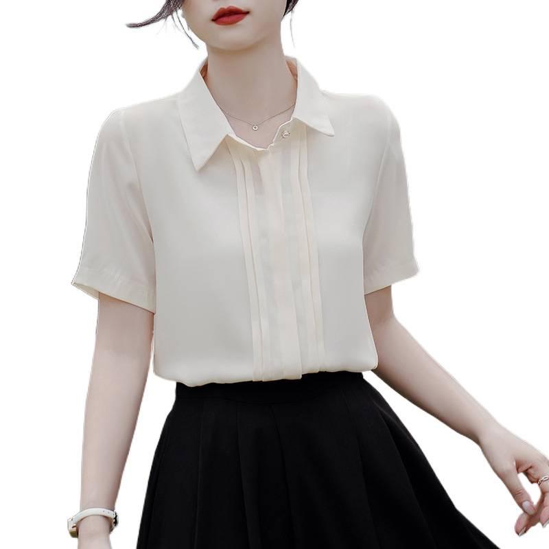 2026 Koreanischer Stil Plissiertes Satin-Chiffon-Hemd - Kurzärmelig, Vielseitige Damenmode