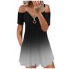 Women Casual Sling Off Shoulder Short Sleeve Zipper V-neck Gradient Color Dress