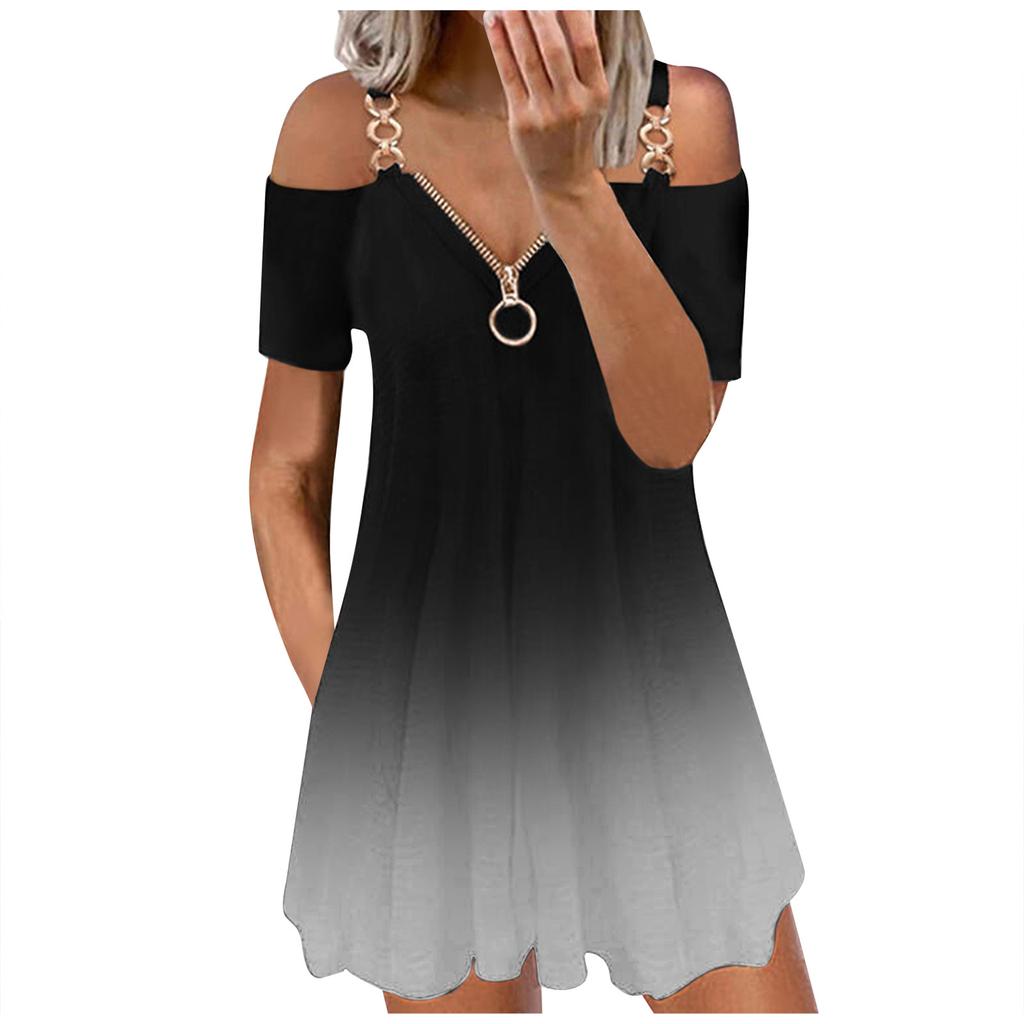 Women Casual Sling Off Shoulder Short Sleeve Zipper V-neck Gradient Color Dress