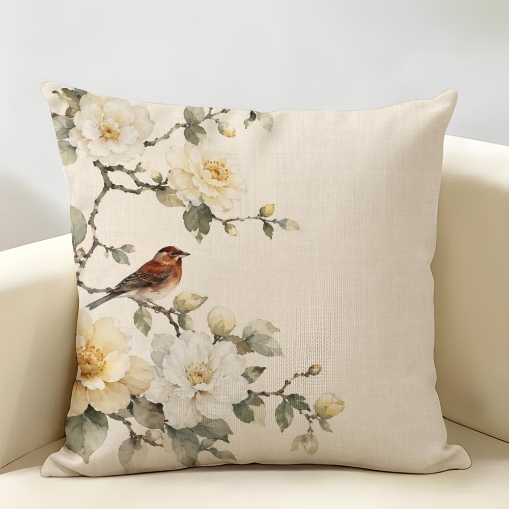 Oriental Watercolor Bird Blossom Cushion Cover Durable Hypoallergenic Organic Linen Short Pillow Cover Washable