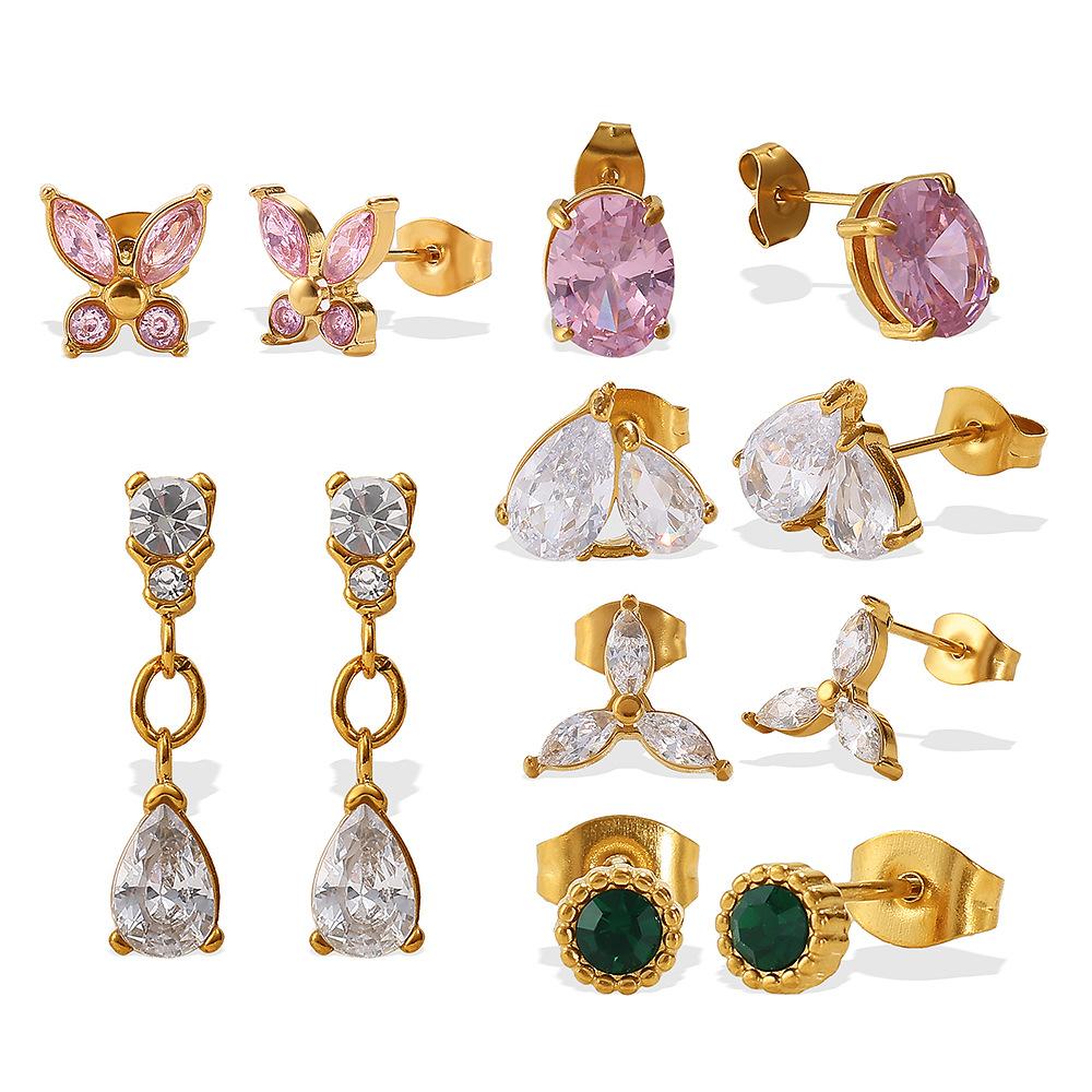 Stylish Butterfly Droplet Earrings Stainless Steel Gold Plated Zircon Daily Earrings