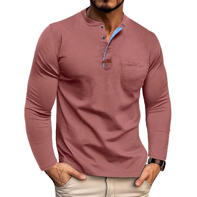 Long Sleeve Henley Shirt Men's Round Neck T-Shirt Color Block Top Tee Men's Color Block Design Base Shirt