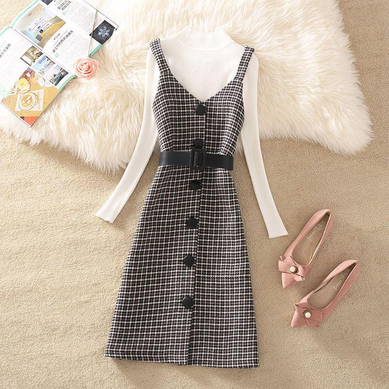 Women's 2023 Retro Wool Plaid Sweater Dress Suit: Trendy Autumn/Winter Two-Piece Set