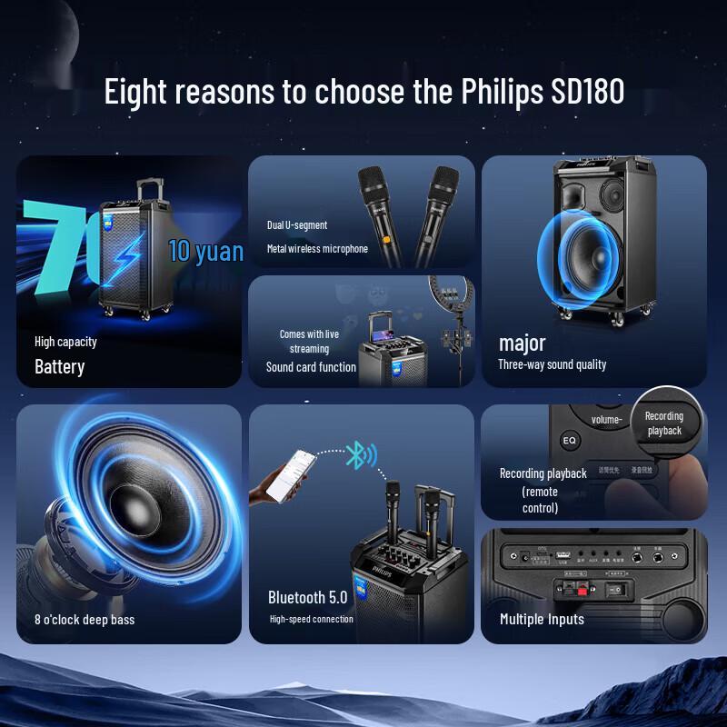 Philips SD180 Portable Outdoor Bluetooth Karaoke Trolley Speaker CN Plug (adapter Included)