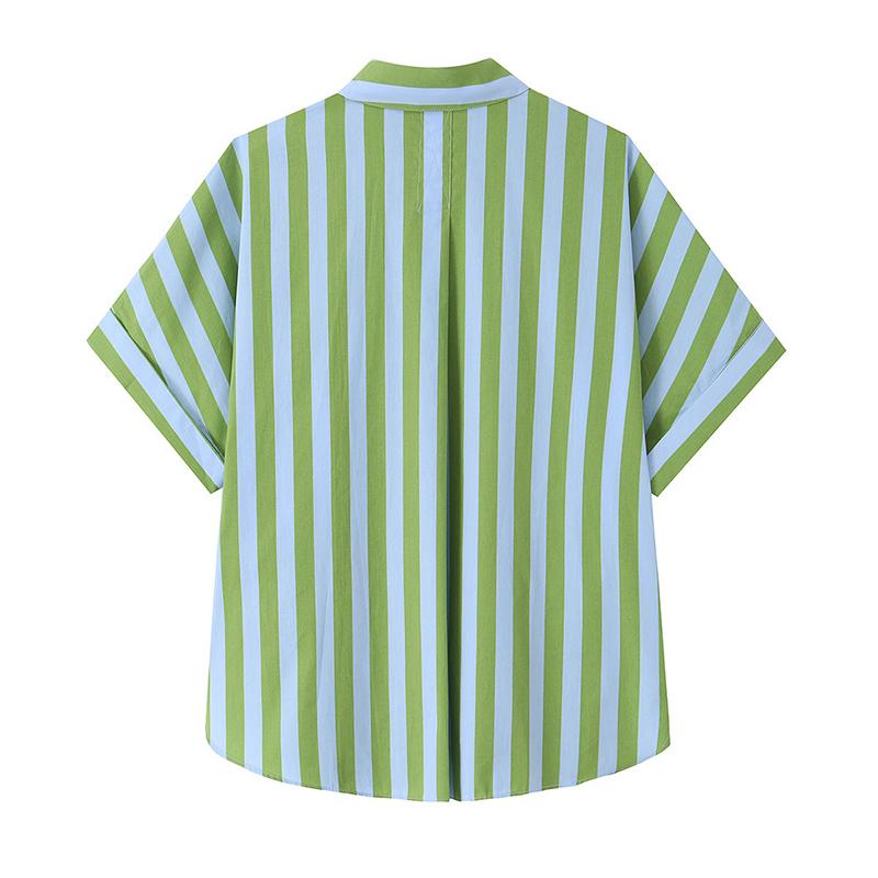 Women Fashion Green Striped Single Breasted Blouse Vintage Lapel Neck Short Sleeves Female Chic Lady Shirts