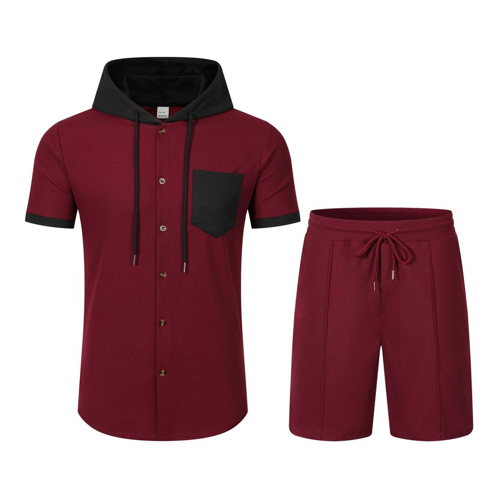 Men's Color Block Hooded Short Sleeve Cardigan Jacket and Shorts Set for Summer