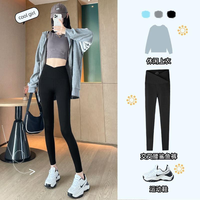 Crossed waist shark pants spring and autumn tight yoga pants high waist belly and hip lift elastic yoga pants outer wear leggings women
