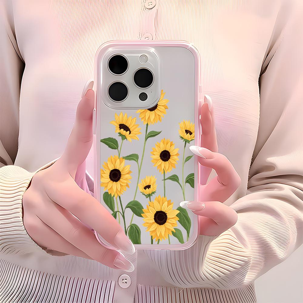 Sunflower Floral Pattern Clear Phone Case For iPhone 17 16 15 14 13 12 11 Pro Max 14 Plus 2 in 1 Candy Color Silicone Soft Cover
