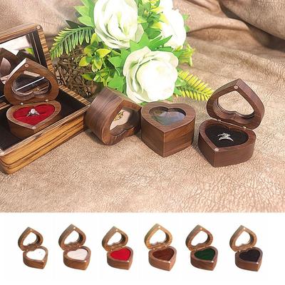 Portable 2 Slots Heart Rings Holder Magnetic Cover Wedding Walnut Wood Rings Box Packaging Proposal Rings Bearer Box Couples