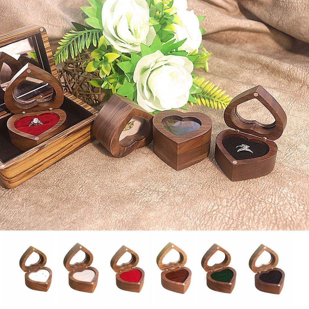Transparent Cover Walnut Wood Rings Box 2 Slots Rings Bearer Box Simple Heart Rings Holder  Propose