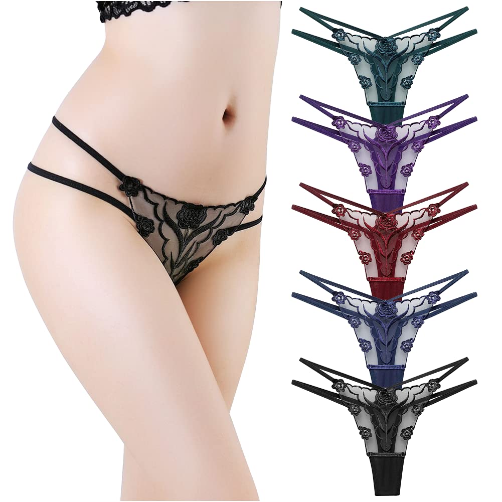 Lace Embroidered Sexy Lingerie Floral Sheer Tanga Strings Design Set of 5 Set of 5 [TUOTISI] Women's T-back (LL, Colors)